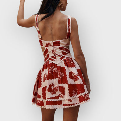 Floral Decorative Unique Print V-Neck Hollow A-Line Mini Dress