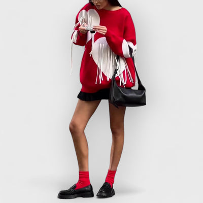 Heart Tassel Round Neck Loose Long Sweater