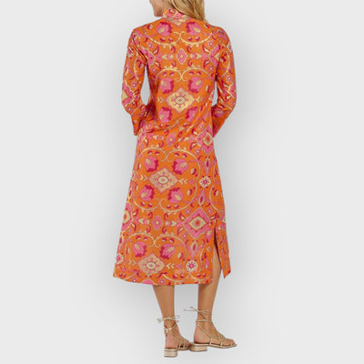 Stand Collar Printed Midi Dress