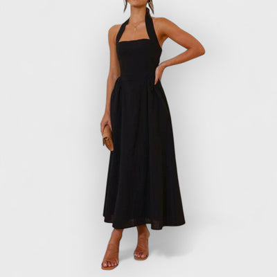 Halter Neck Waist Little Black Dress Mid Length Dress