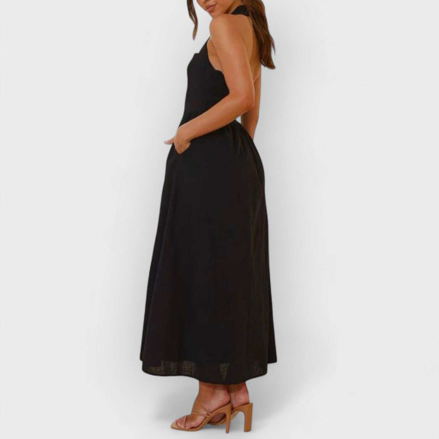 Halter Neck Waist Little Black Dress Mid Length Dress