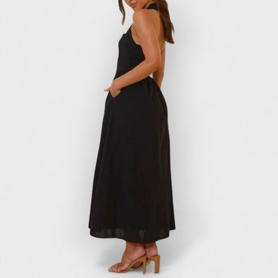 Halter Neck Waist Little Black Dress Mid Length Dress