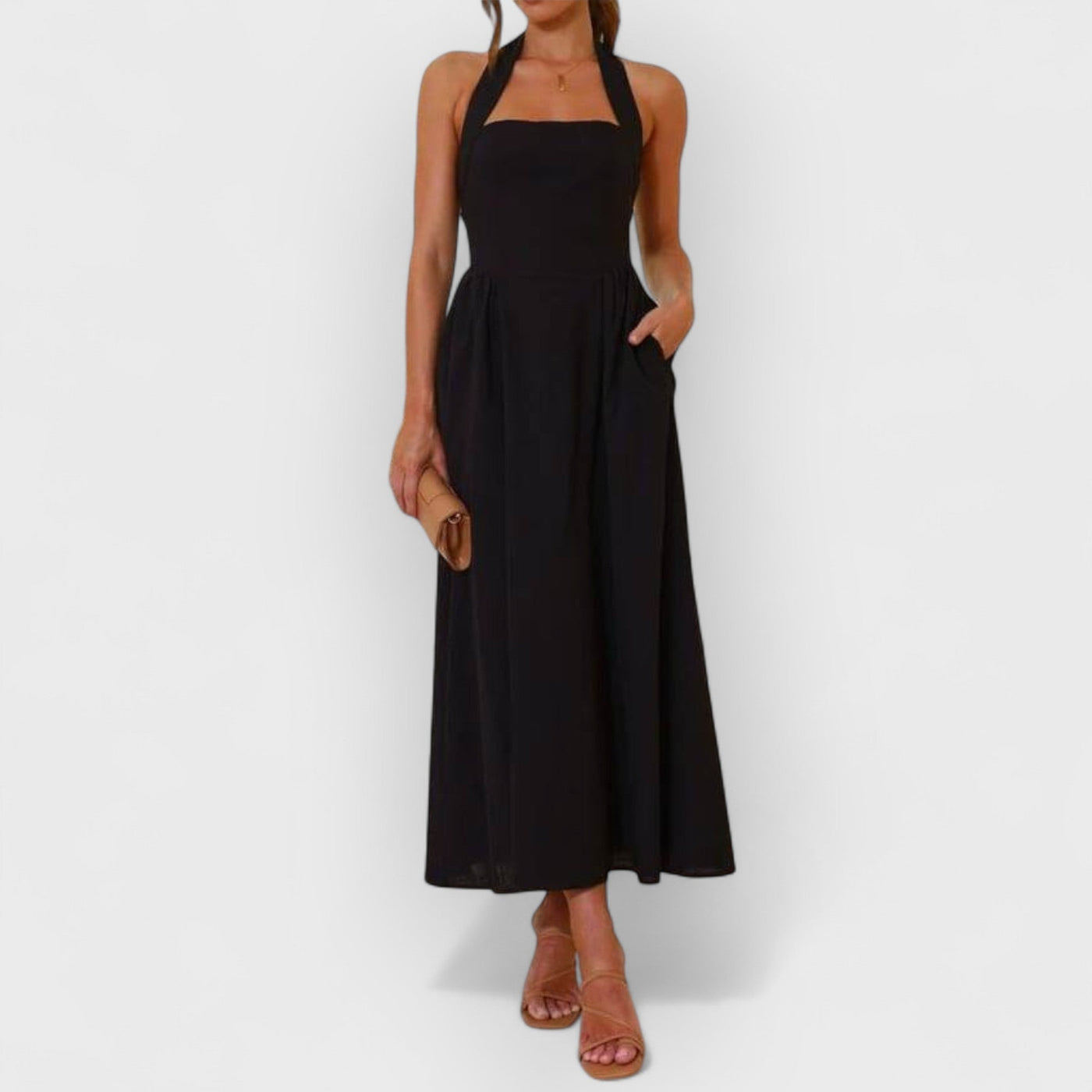 Halter Neck Waist Little Black Dress Mid Length Dress