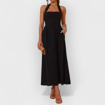 Halter Neck Waist Little Black Dress Mid Length Dress