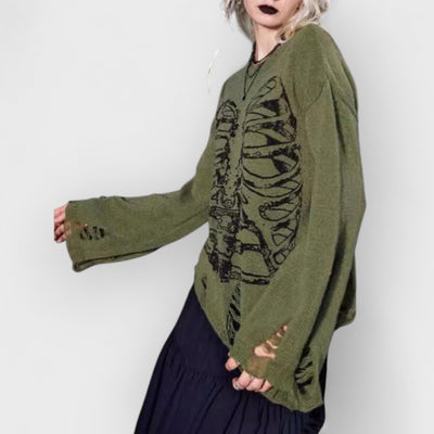 Halloween Skeleton Dark Style Ripped Long Sleeve Sweater