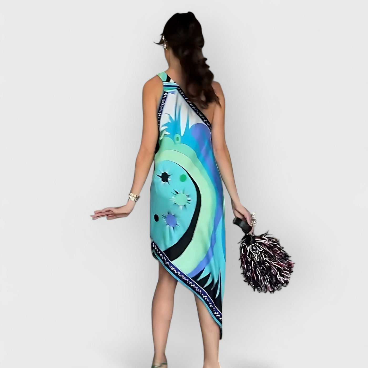 Stella Print Off-Shoulder Asymmetric Midi Dress