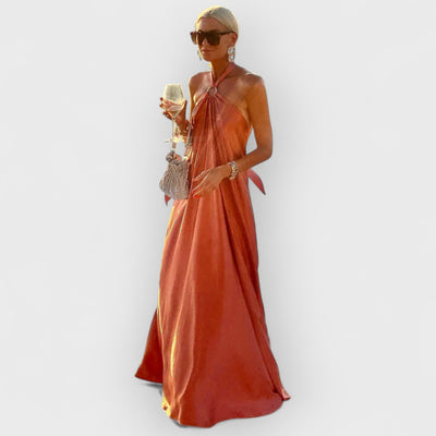 Satin  Elegant Maxi long Dress: Backless Halter Neck