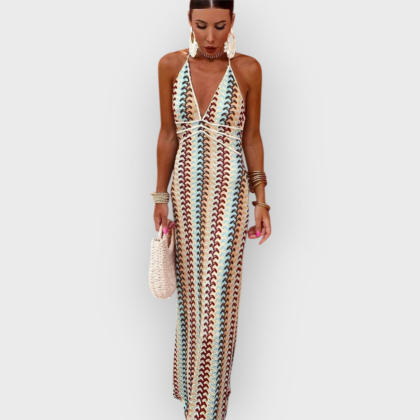 Halter V Neck Backless Boho Pattern Knit Slim-Fit Vacation Maxi Dresses-Beige