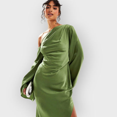 Green Asymmetrical Hem Satin Maxi Dress
