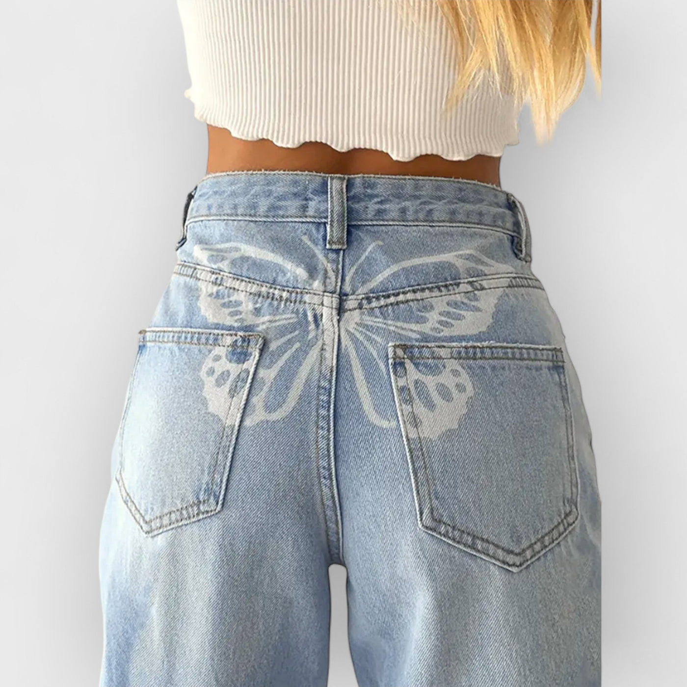 High-Waisted Printed Denim Pants