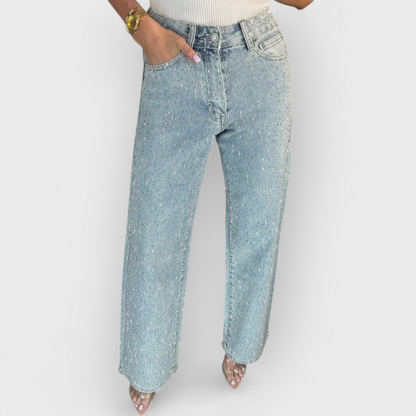 High Waisted Diamanté Straight Leg Jeans