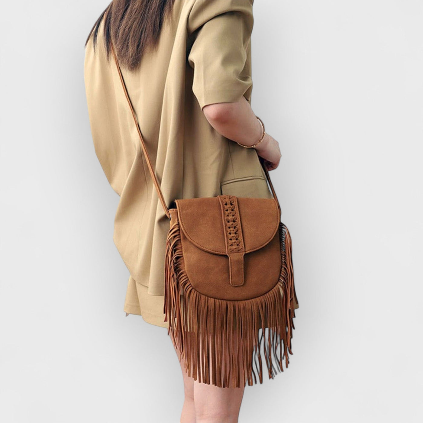 Woven Semi Circular Leather Tassel Crossbody Bag