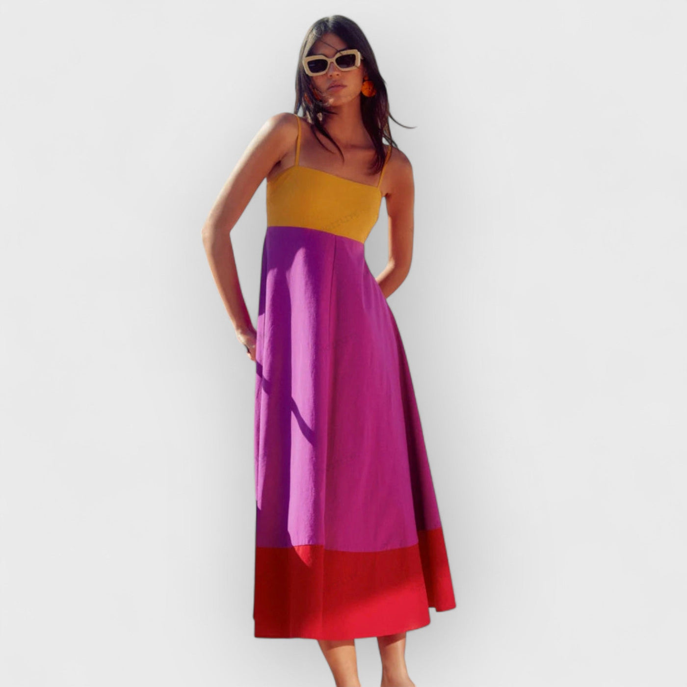 Vacation-Style Color Block Spaghetti Strap Dress