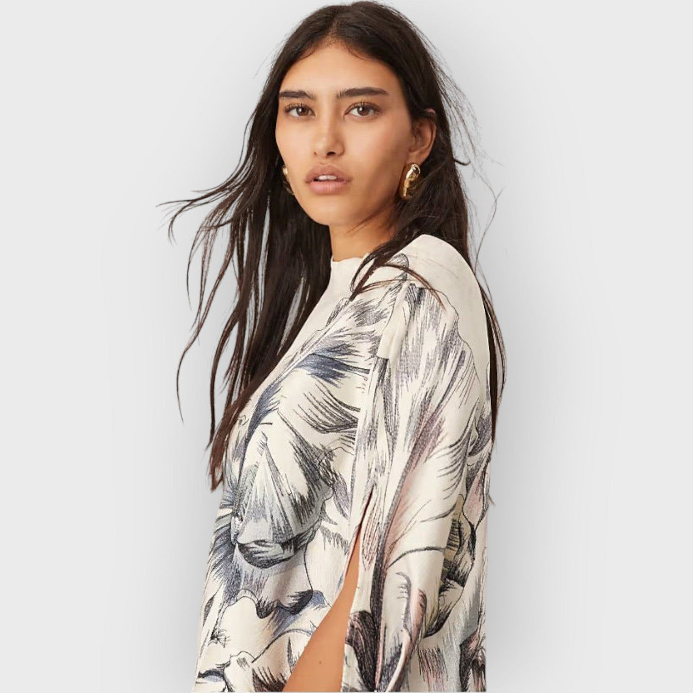 Oversized Floral Print High Neck Asymmetric Hem Midi Dress