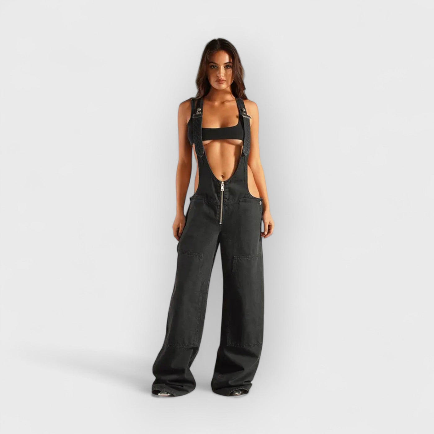 Zipper Strap Denim Jumpsuit
