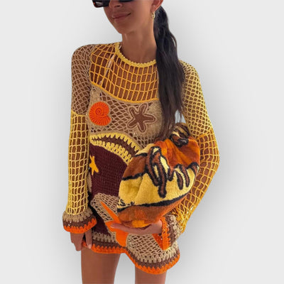 Coral Reef-Inspired Pattern Crochet Mini Dress