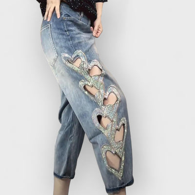 Loose Vintage Distressed Hollow-Out Embellished Jeans