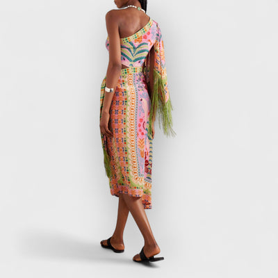 Fine Satin Art Palm Tree Floral Print Fringed Midi Dress