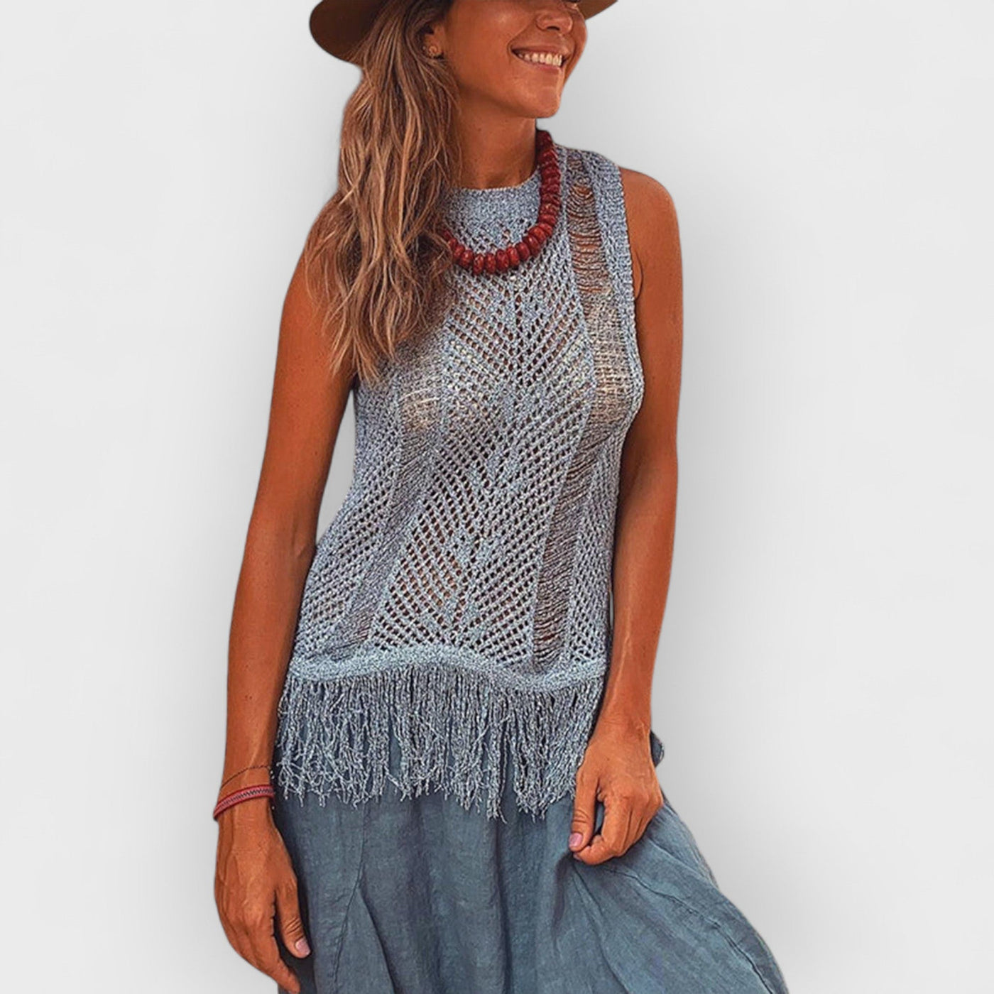 Thar Desert Sleeveless Tassel Knit Top