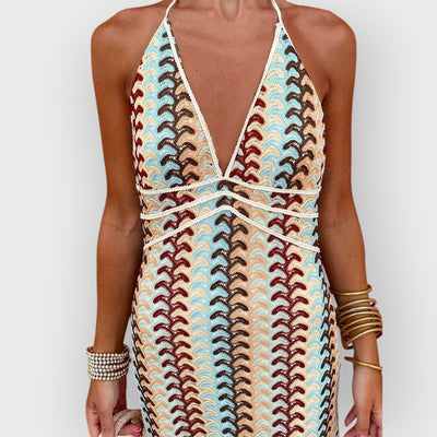 Halter V Neck Backless Boho Pattern Knit Slim-Fit Vacation Maxi Dresses-Beige