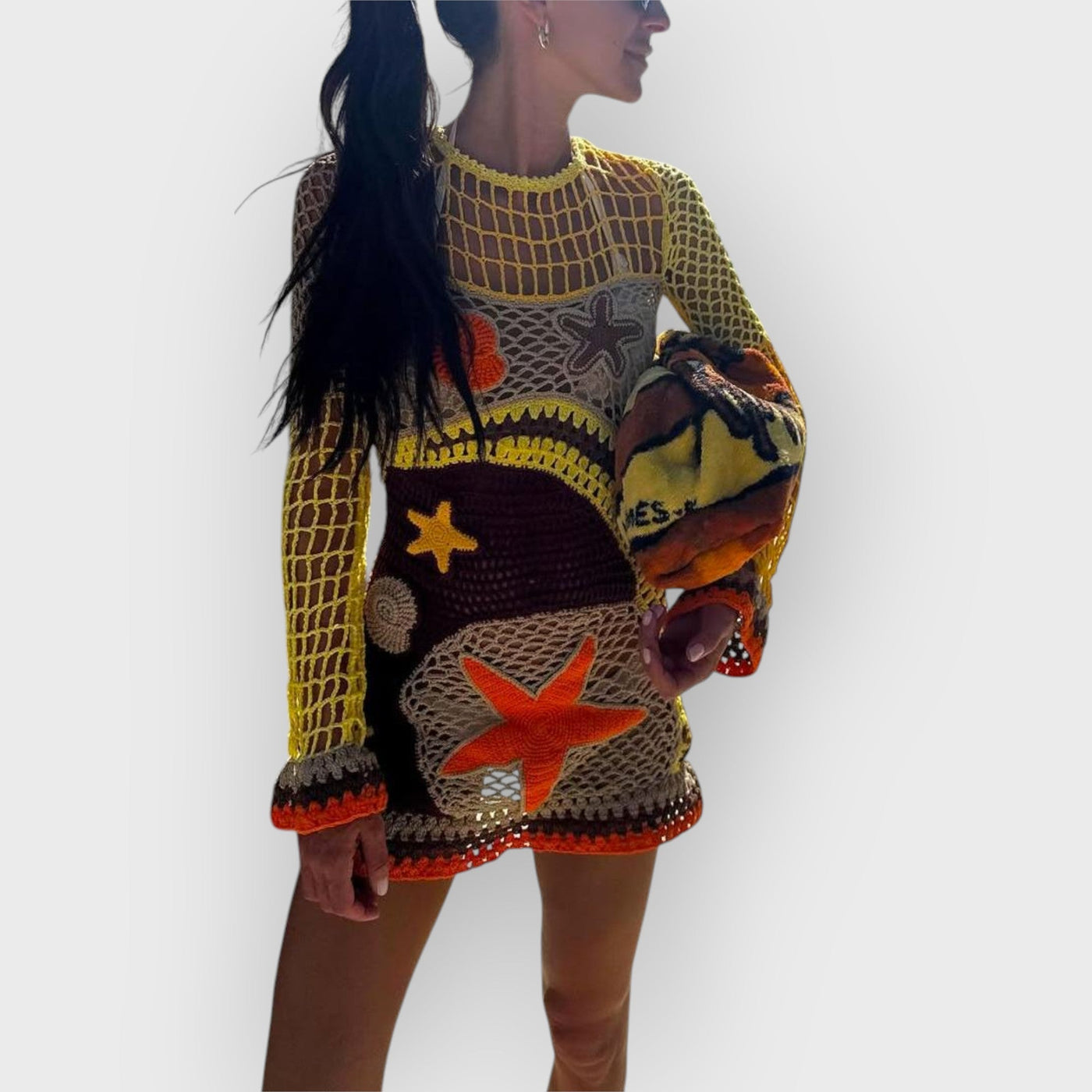 Coral Reef-Inspired Pattern Crochet Mini Dress