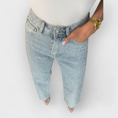 High Waisted Diamanté Straight Leg Jeans