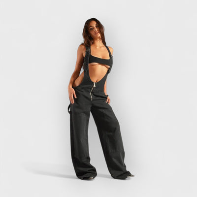 Zipper Strap Denim Jumpsuit