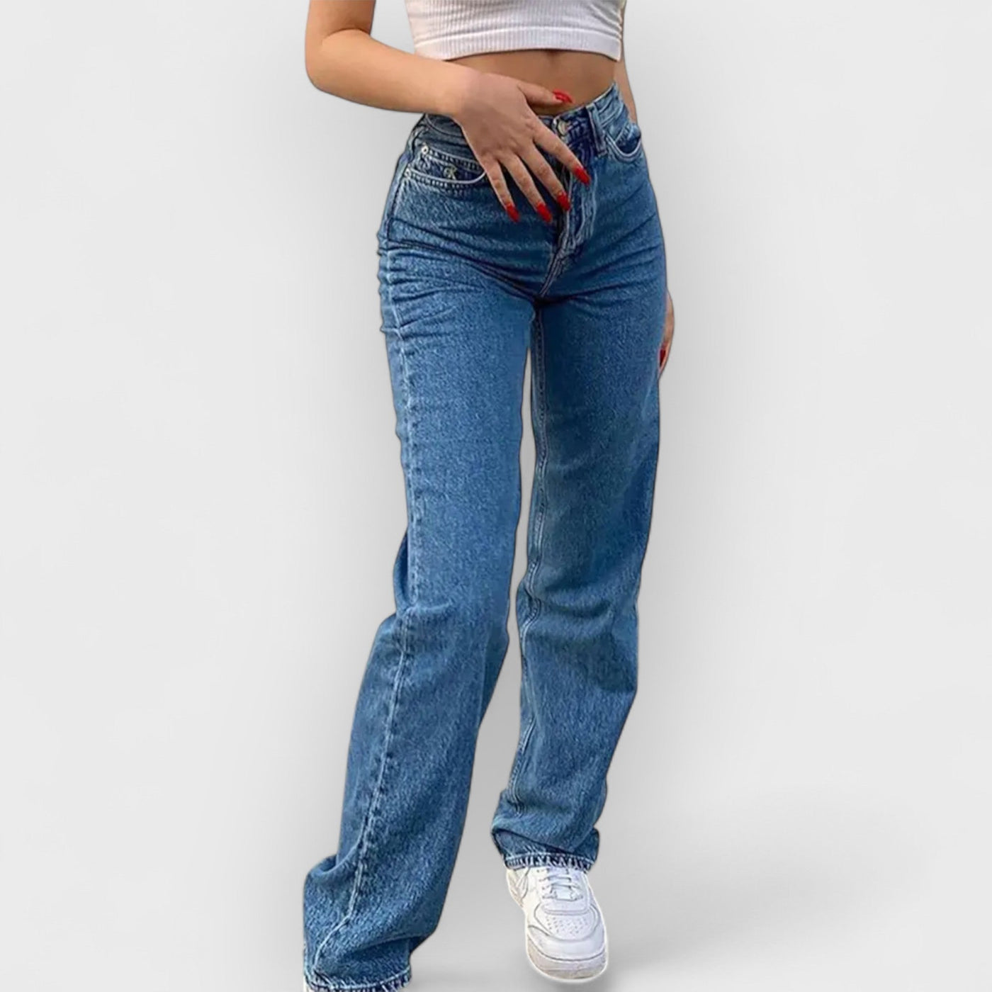 High-Waisted Printed Denim Pants