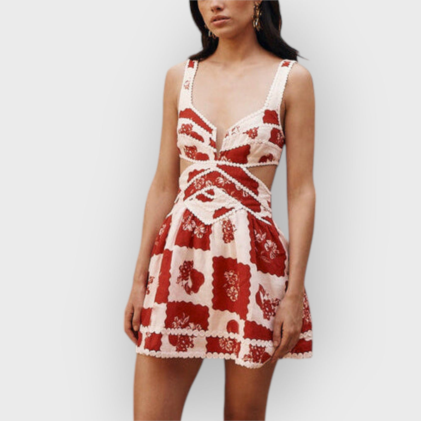 Floral Decorative Unique Print V-Neck Hollow A-Line Mini Dress
