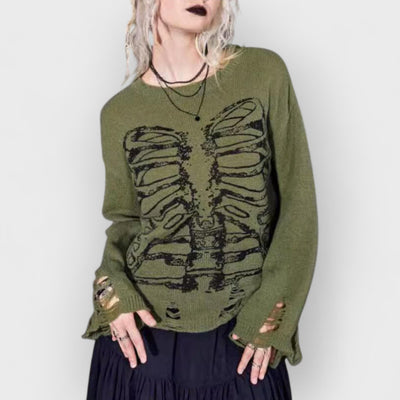 Halloween Skeleton Dark Style Ripped Long Sleeve Sweater
