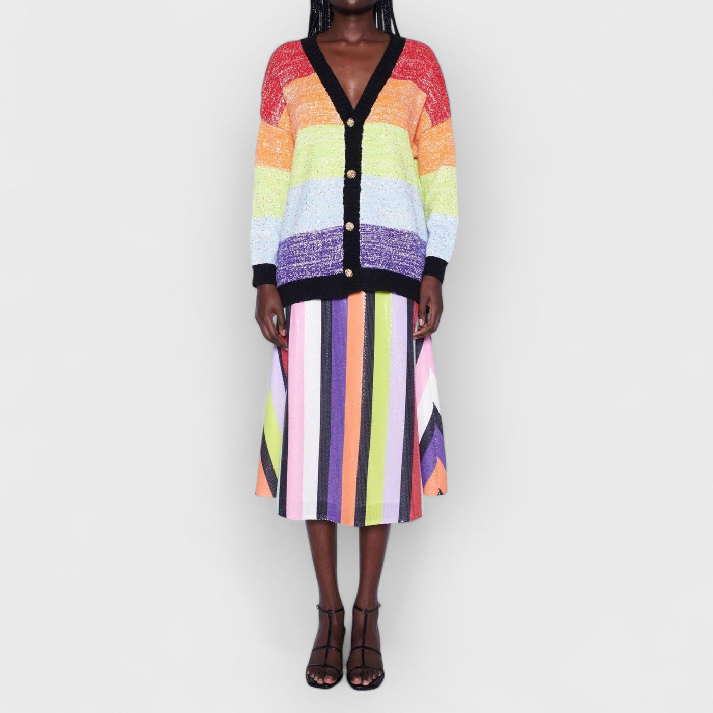 Rainbow Stripe Sequins Cardigan & Multi Sequin Stripe Skirt