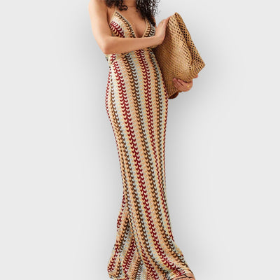 Halter V Neck Backless Boho Pattern Knit Slim-Fit Vacation Maxi Dresses-Beige