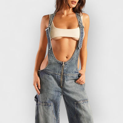 Zipper Strap Denim Jumpsuit