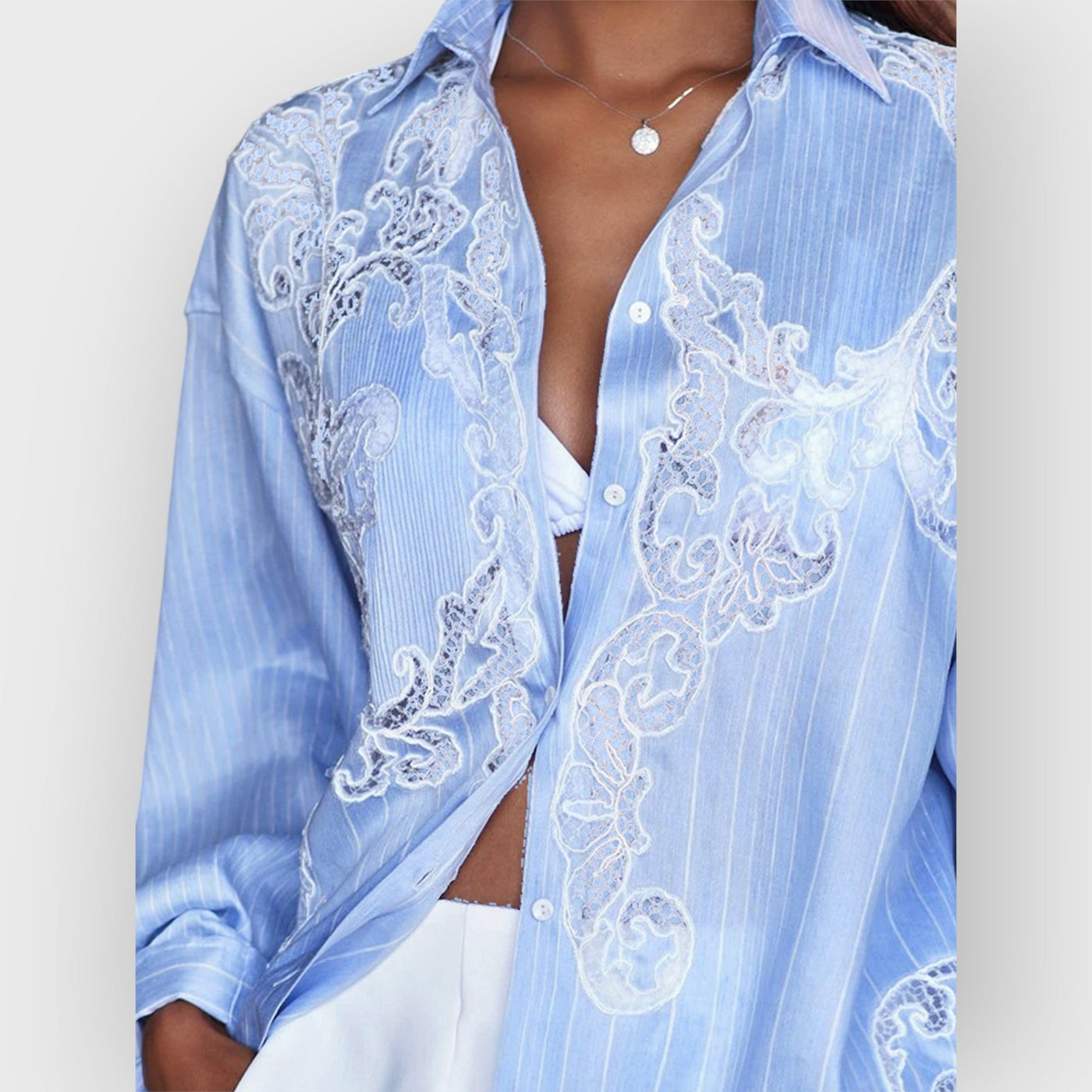 Casual Guipure Lace Striped Turndown Collar Button Long Sleeve Blouse
