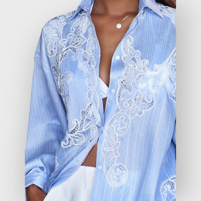 Casual Guipure Lace Striped Turndown Collar Button Long Sleeve Blouse