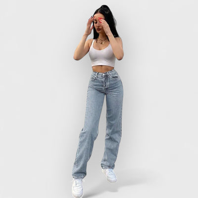 High-Waisted Printed Denim Pants