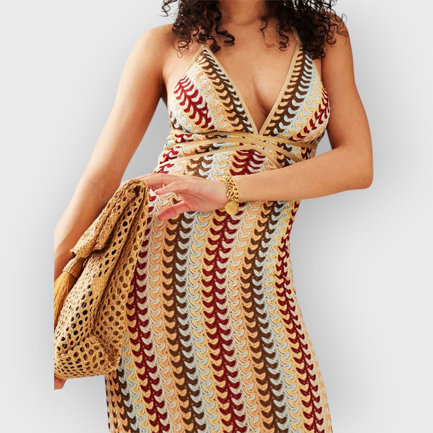 Halter V Neck Backless Boho Pattern Knit Slim-Fit Vacation Maxi Dresses-Beige