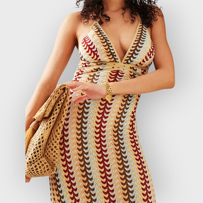 Halter V Neck Backless Boho Pattern Knit Slim-Fit Vacation Maxi Dresses-Beige