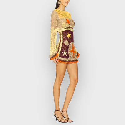 Coral Reef-Inspired Pattern Crochet Mini Dress