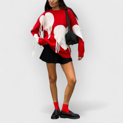 Heart Tassel Round Neck Loose Long Sweater