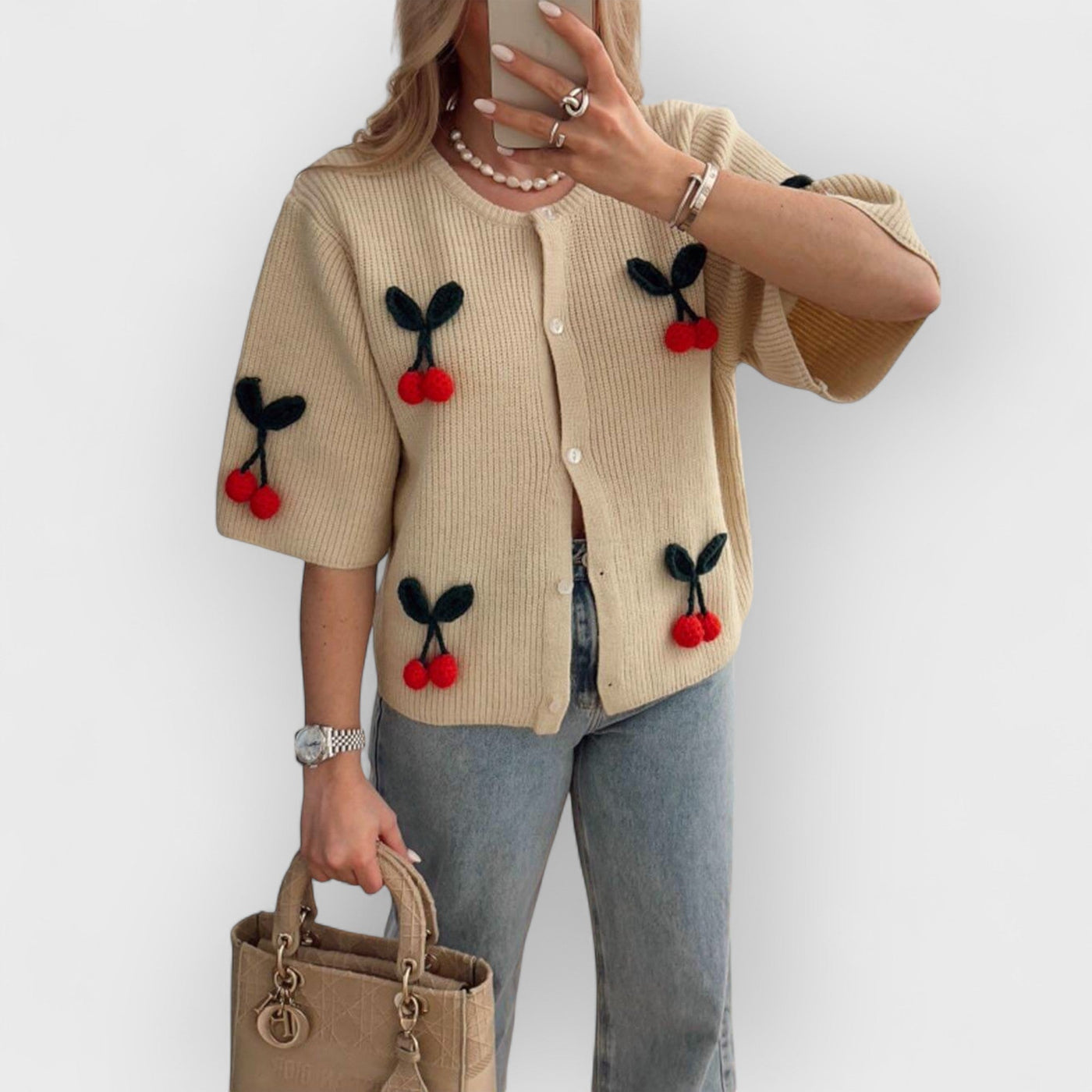 Cute V-Neck Cherry Decoration Sweater Cardigan