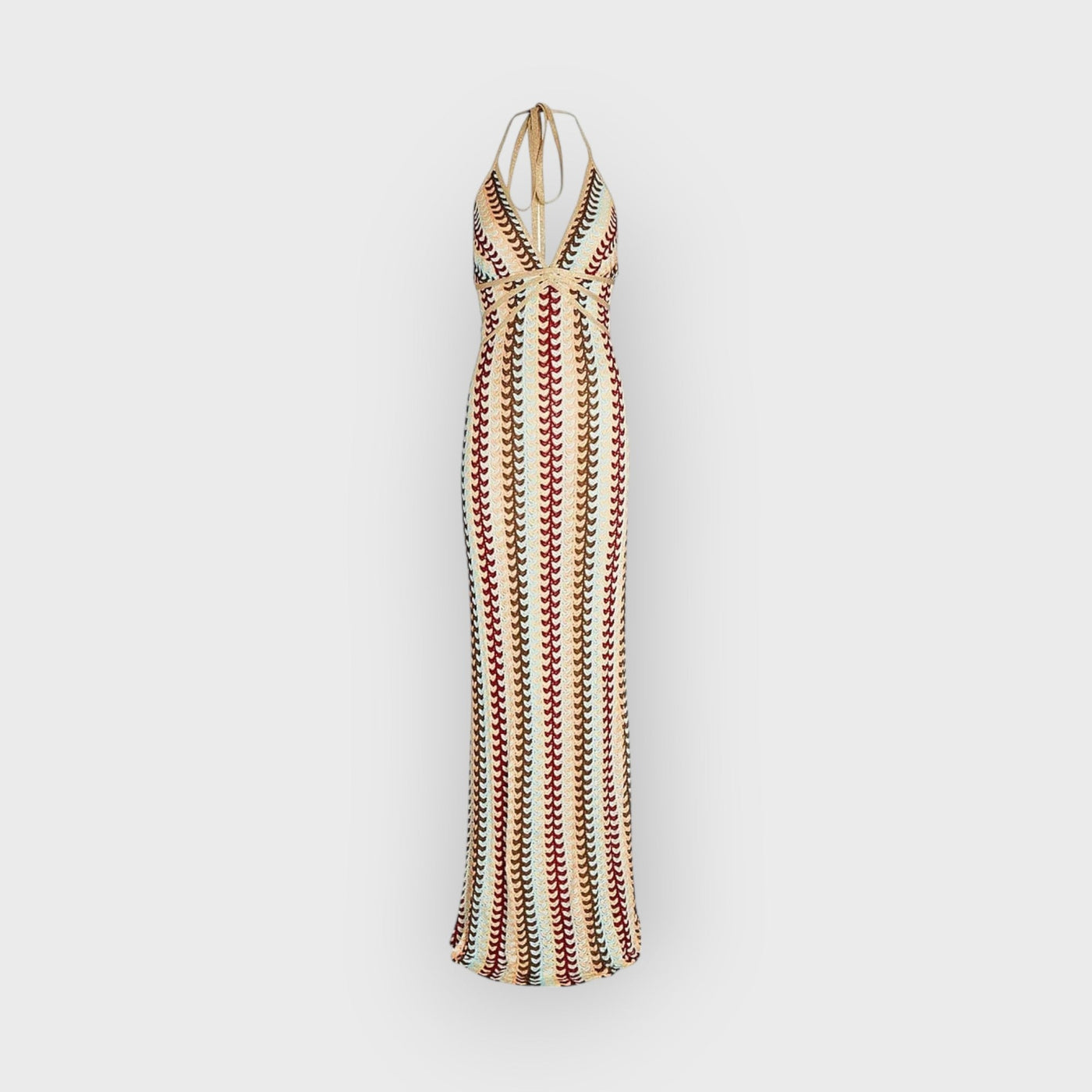 Halter V Neck Backless Boho Pattern Knit Slim-Fit Vacation Maxi Dresses-Beige