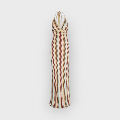 Halter V Neck Backless Boho Pattern Knit Slim-Fit Vacation Maxi Dresses-Beige