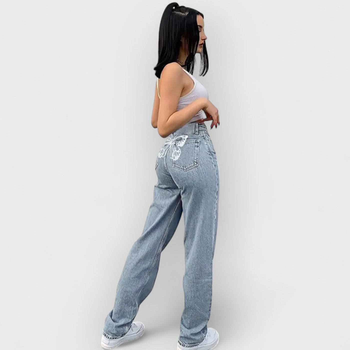 High-Waisted Printed Denim Pants