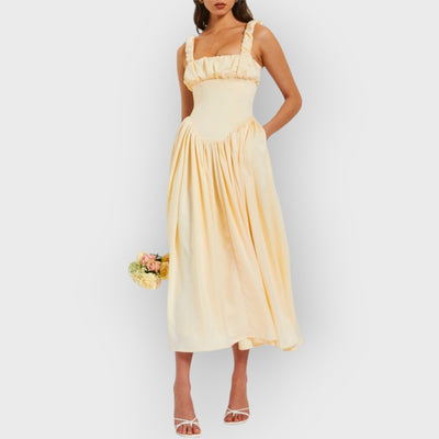 Noreen Pleated Strap Puffy Maxi Dress