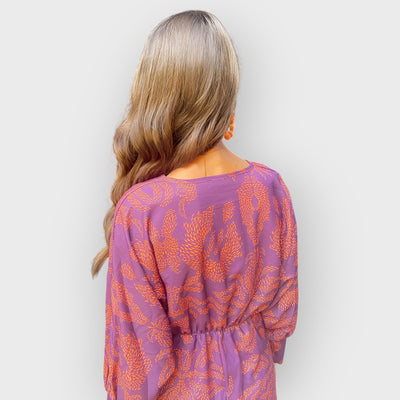 Blue Floral Midi Dress V-Neck Long Sleeve