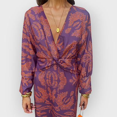 Blue Floral Midi Dress V-Neck Long Sleeve
