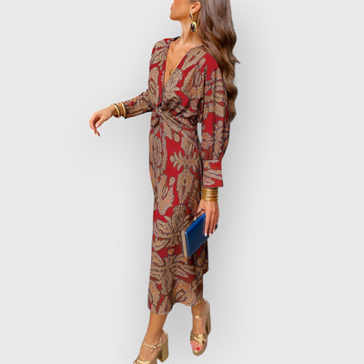 Blue Floral Midi Dress V-Neck Long Sleeve