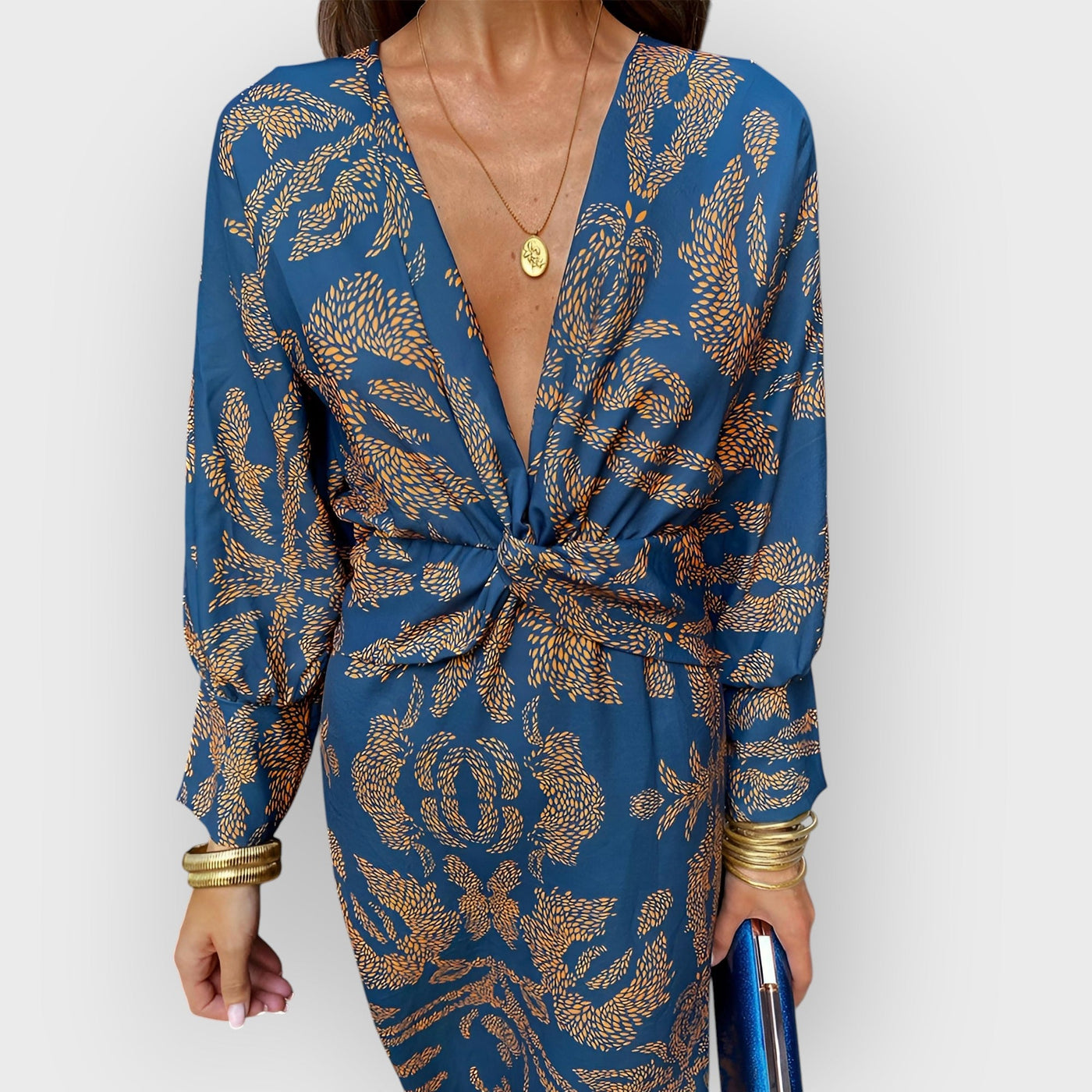 Blue Floral Midi Dress V-Neck Long Sleeve