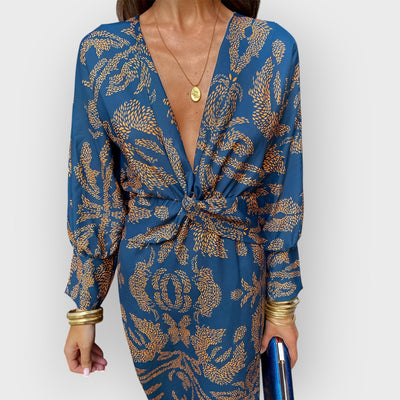 Blue Floral Midi Dress V-Neck Long Sleeve